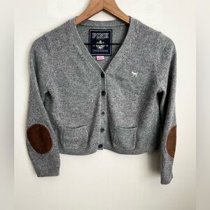 Pink Victorias Secret Cropped Gray Rabbit Hair Cardigan Sweater elbow patch Y2K